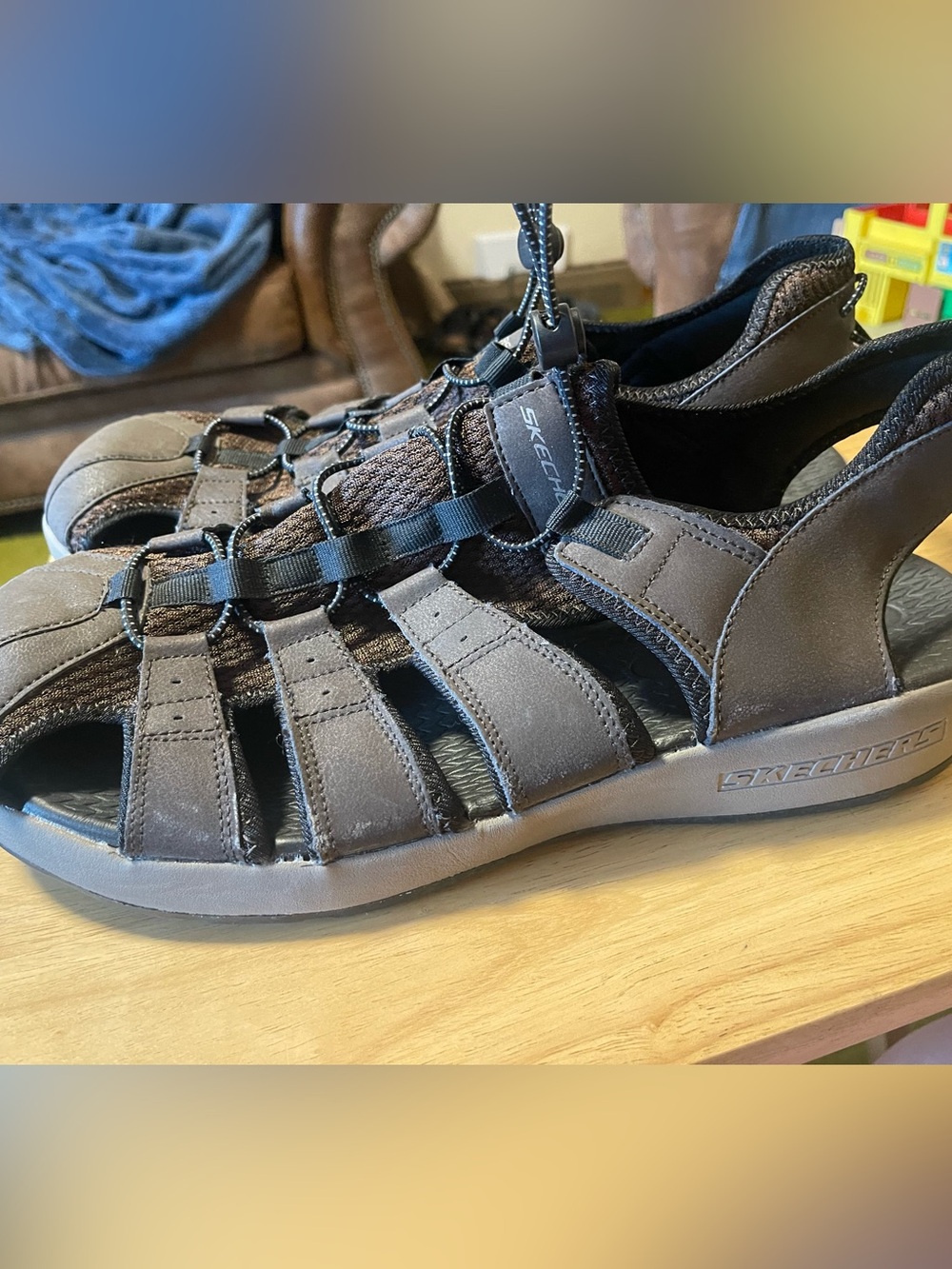 SKECHERS Men's Fisherman Sandals Leather Drawstring Brown/Black US 15